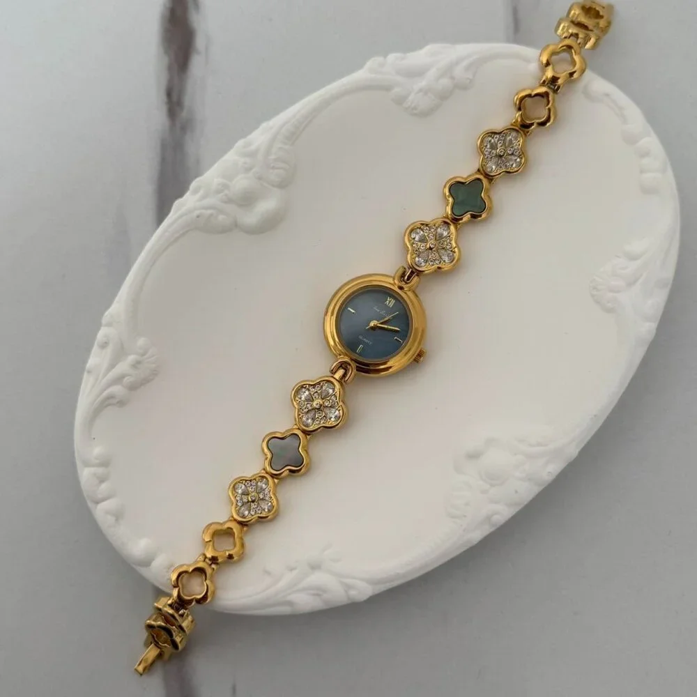 Sku0233 Retro Gold Blue Women Floral‎ Watch Bracelet Stainless steel + gift bag